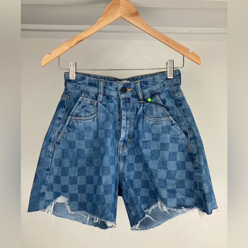 Neon Denim | Checkered Print | High waisted - Raw Edge shorts | Size 27